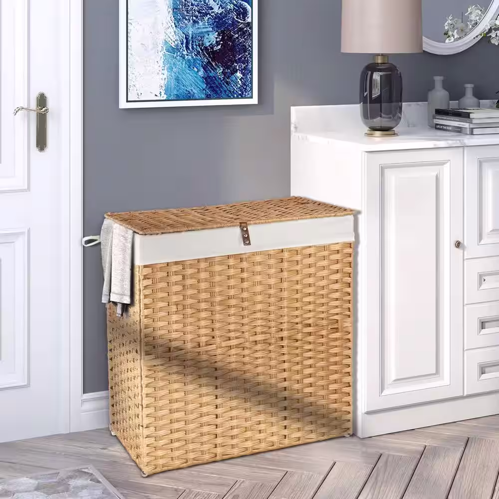 None 110L Rattan Laundry Basket Hamper with 2 Removable Liner Bags Natural