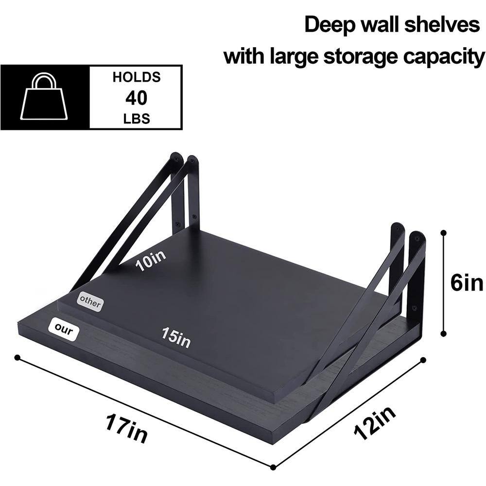 None 17 in. W x 12 in. D Black Wood Composite Decorative Wall Shelf, Set of 2
