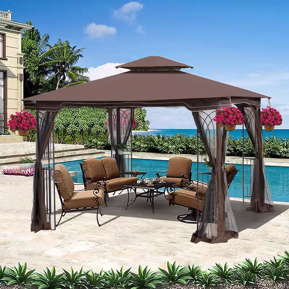 None 10 ft. x 10 ft. Brown Outdoor Patio Gazebo Canopy Tent with Ventilated Double Roof and Detachable Mosquito Net