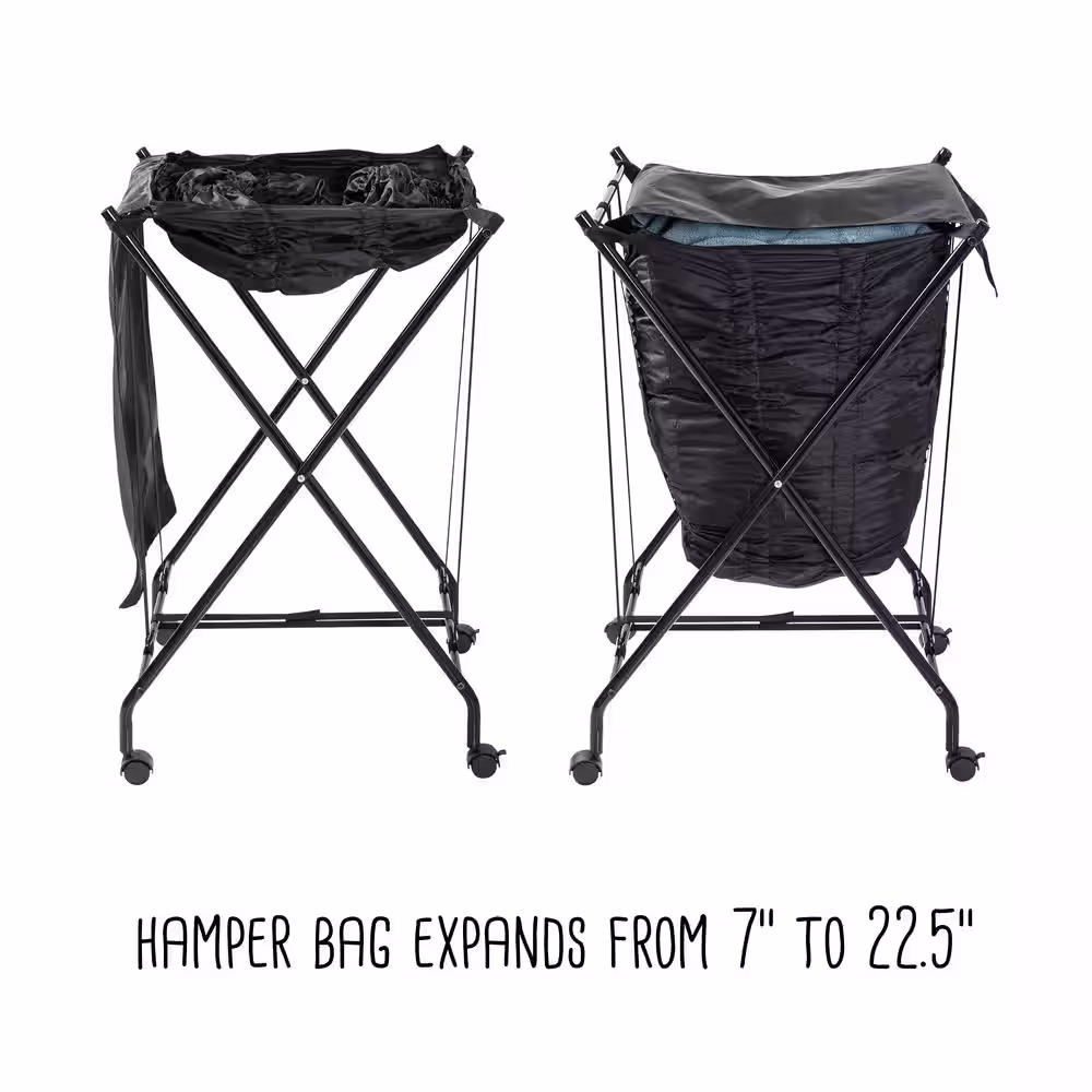 Honey-Can-Do Black Steel and Polycotton Single Bounce Back No Bend Laundry Hamper with Wheels