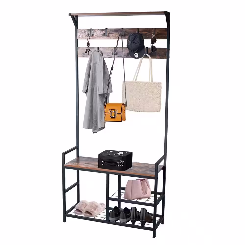 None Brown and Black Metal with Wooden Bench 2-Wire Meshed Shelved Coat Rack