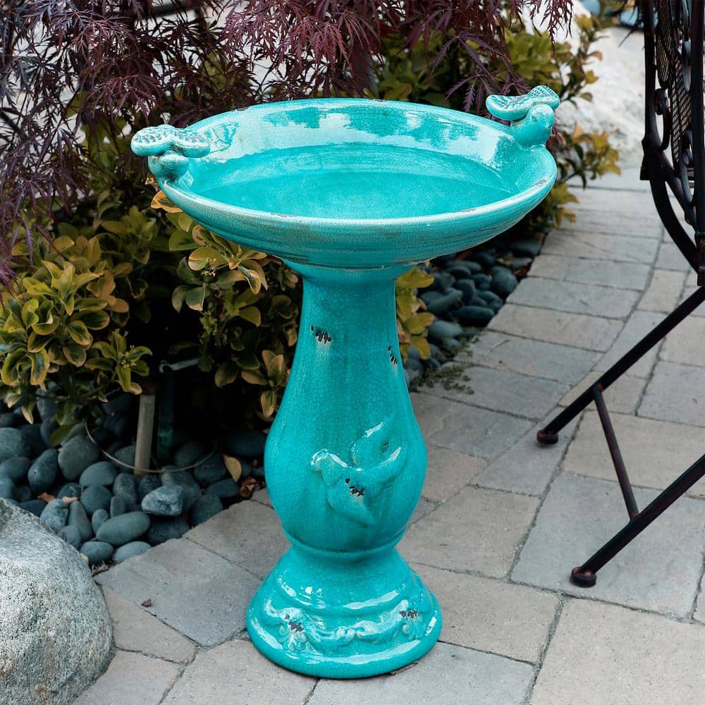 Alpine Corporation 24 in. Tall Outdoor Ceramic Antique Pedestal Birdbath with 2 Bird Figurines, Turquoise TLR102TUR