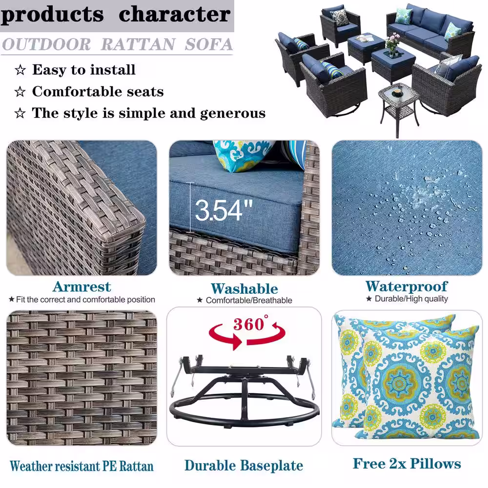 XIZZI Neptune Gray 8-Piece Wicker Patio Conversation Seating Sofa Set with Denim Blue Cushions and Swivel Rocking Chairs