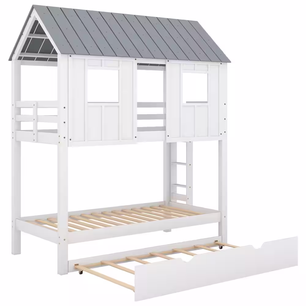 Harper & Bright Designs White Twin over Twin Wood House Bunk Bed with Trundle, Ladder, Roof and Windows