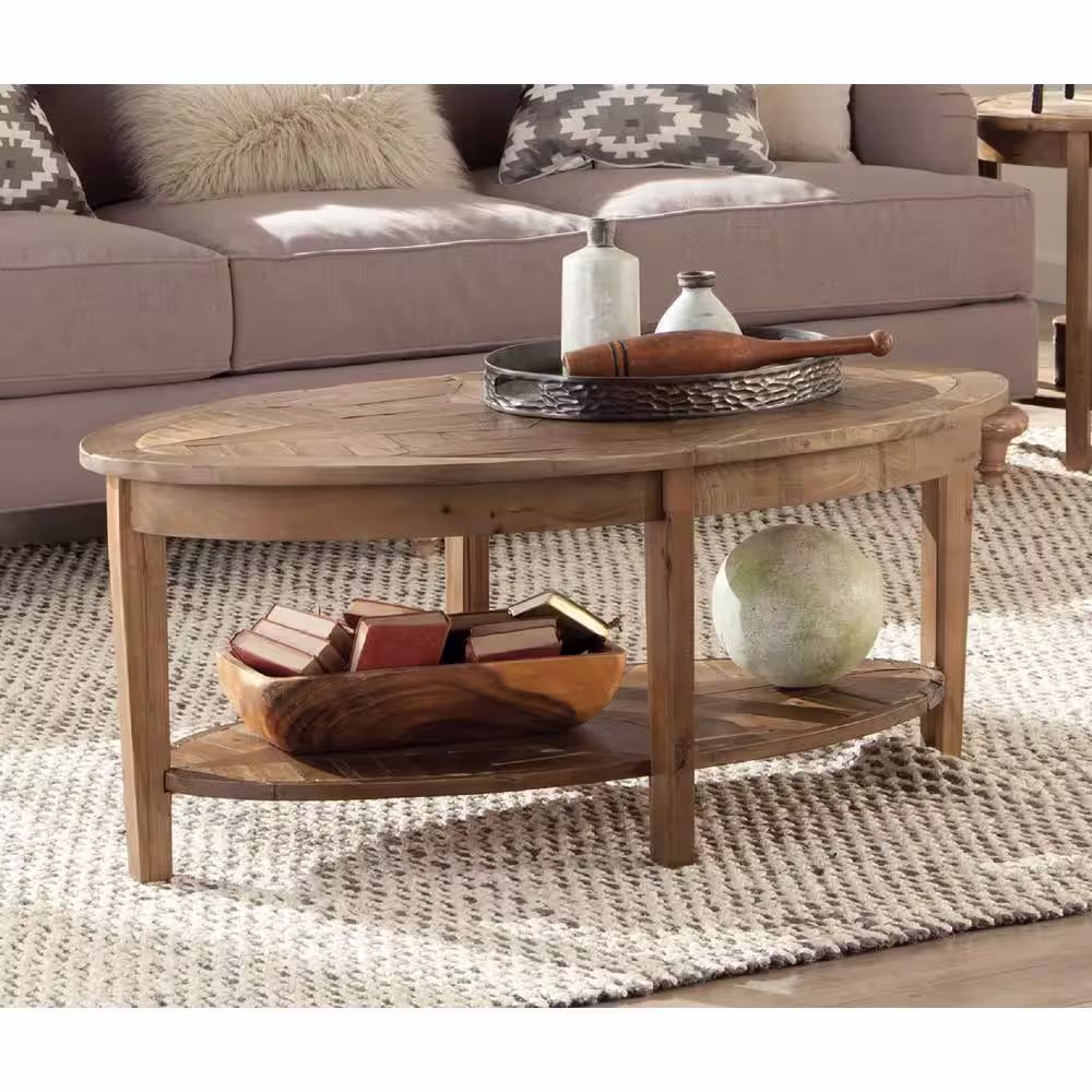 Alaterre Furniture Revive 48 in. Natural Oak Large Oval Wood Coffee Table with Shelf
