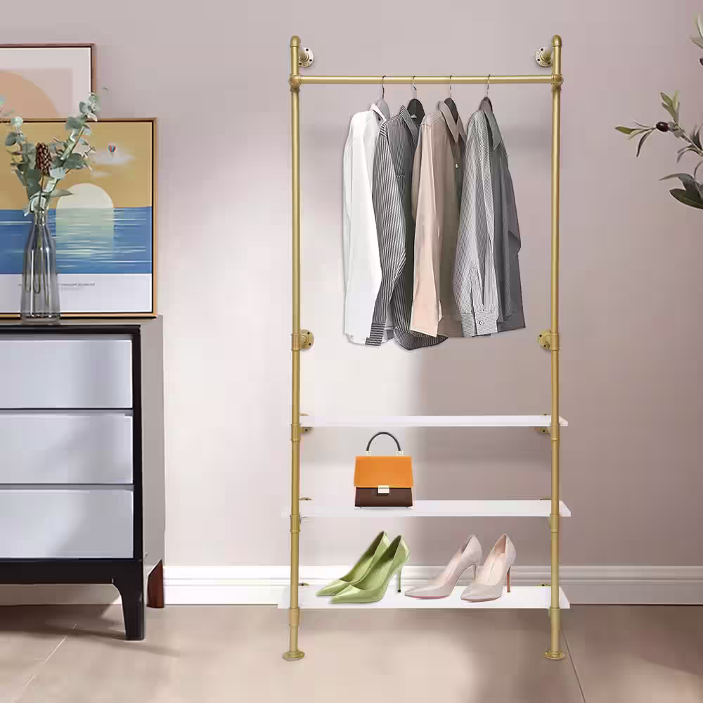 None Gold Wall Mounted Iron Clothes Rack with 3 Wood Shelves 36.6 in. W x 78.74 in. H