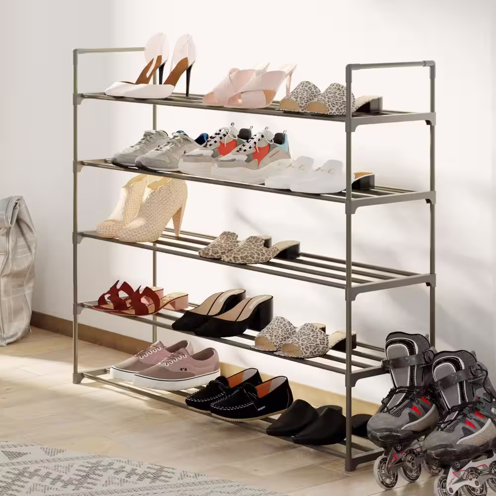 None 370 H 30-Pair 5-Tier Gray Polymer Shoe Rack