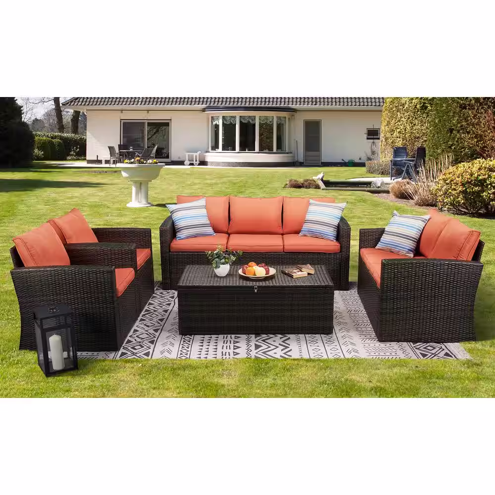 None 5-Piece Wicker Patio Conversation Furniture Set with Orange Cushions