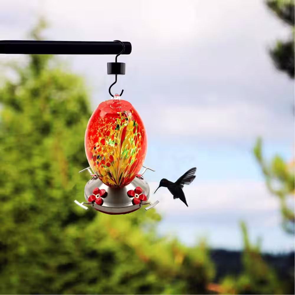 Afoxsos Garden Hummingbird Feeder with Perch - Hand Blown Glass