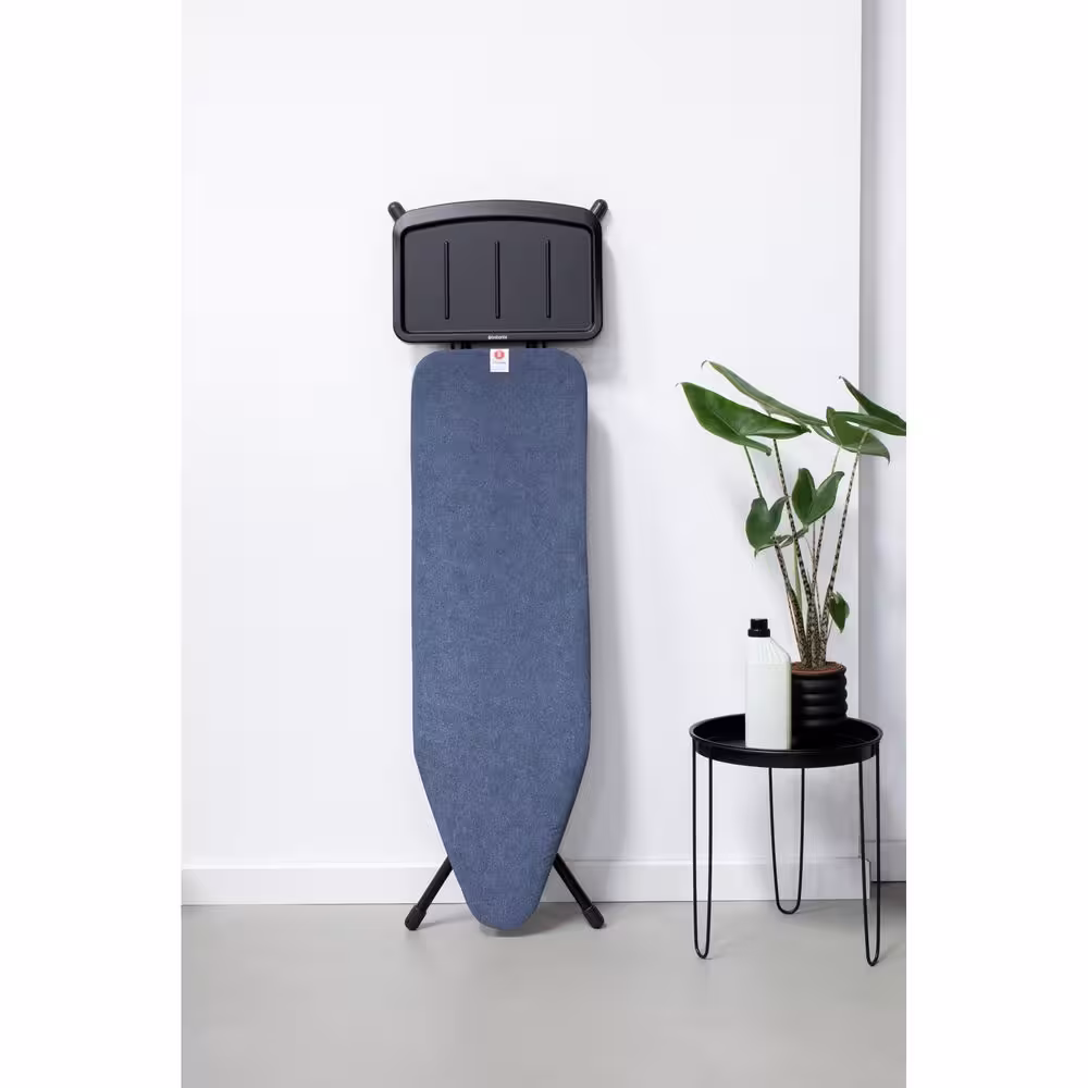 Brabantia Ironing Board B 49 x 15 In with Solid Steam Unit Holder, Denim Blue Cover and Black Frame