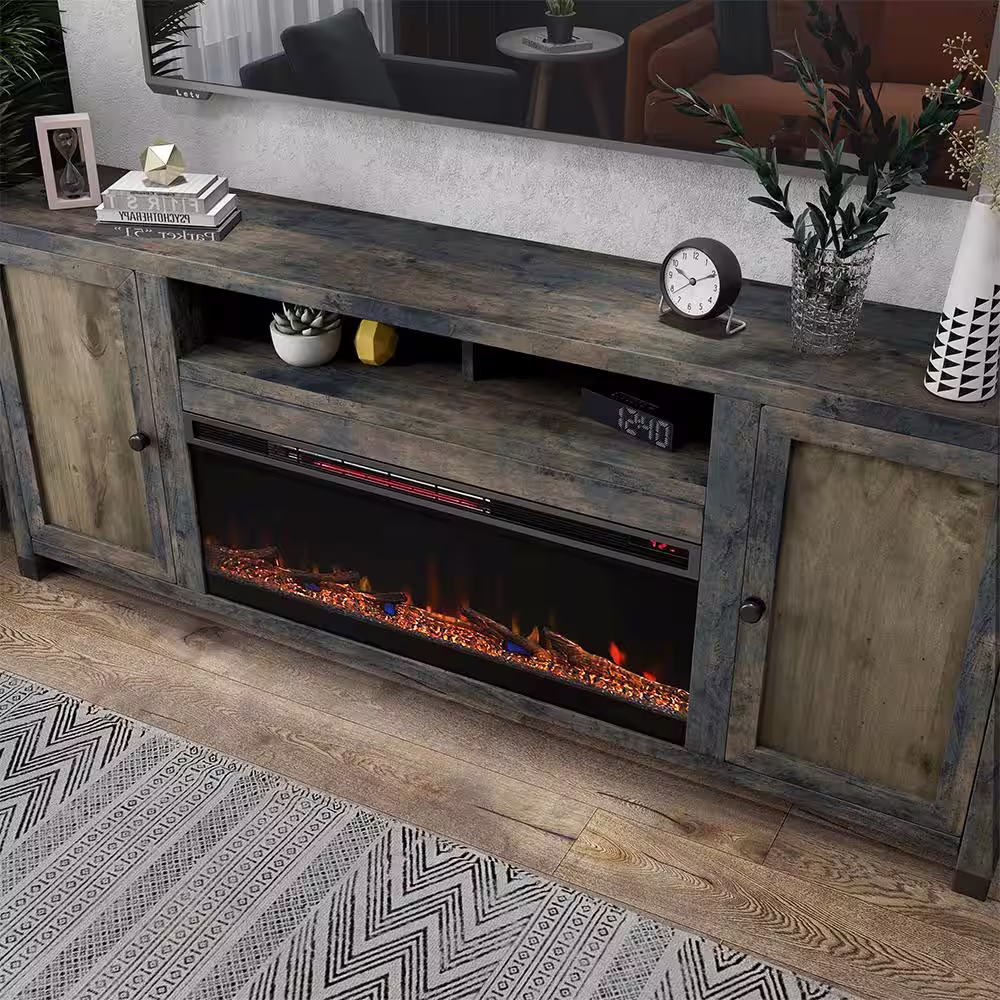 Bridgevine Home 84 in. Fully Assembled Barnwood TV Stand with Electric Fireplace, Fits TV's up to 85 in
