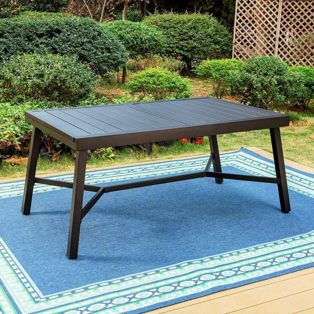 None Black 7-Piece Metal Outdoor Patio Dining Set with Slat Extendable Table and High Back Padded Textilene Swivel Chairs