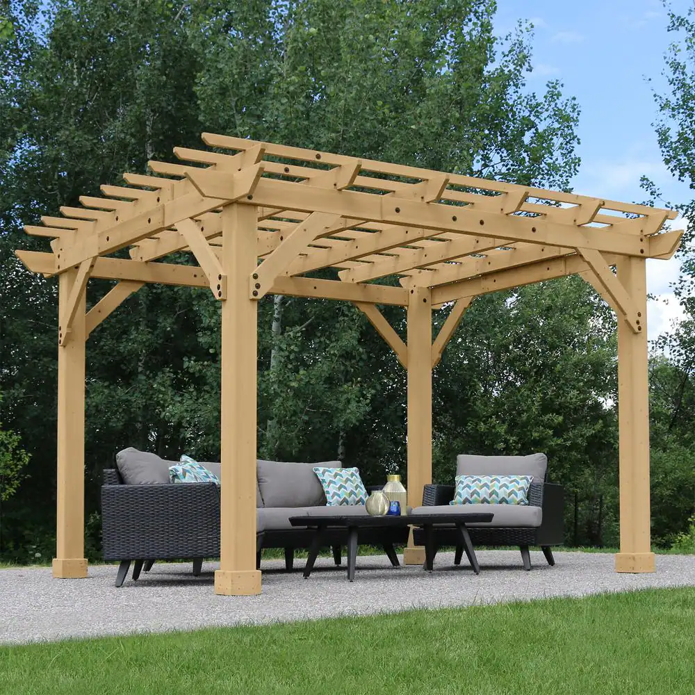 Yardistry Meridian 10 ft. x 12 ft. Cedar Backyard Pergola with Stylish Architectural Posts and Multilevel Crisscross Trellis Roof