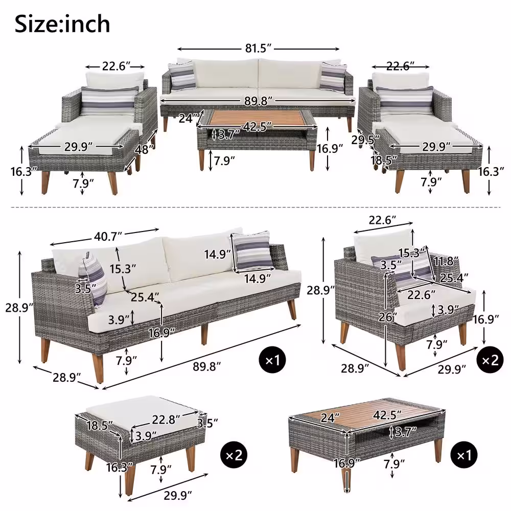 None Gray 6-Piece Wicker Patio Conversation Set with White Cushion and Ottoman