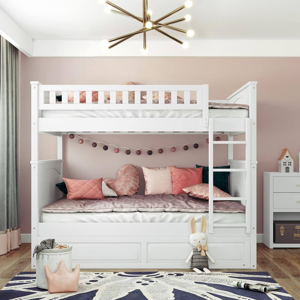 Harper & Bright Designs White Full Over Full Wood Bunk Bed with Twin Trundle