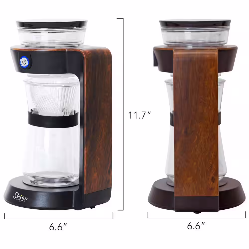 Tribest Shine Automatic Pour Over Coffee Machine with 2 Cup Double Wall Glass Carafe, Black with Wood Finish