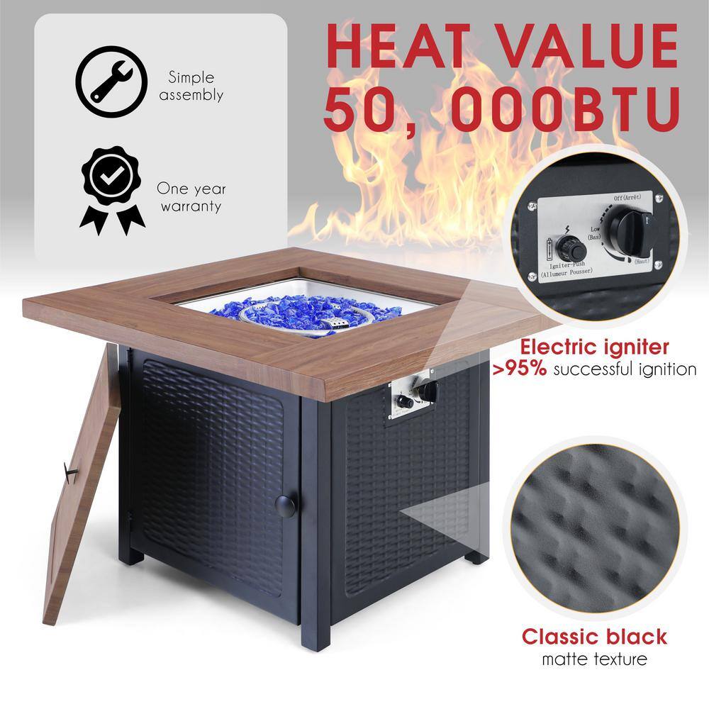 PHI VILLA 33.9 in. W x 25.2 in. H Square Wood-like Metal Steel Gas Fire Pit Table with Cover and 50000 BTU Burner