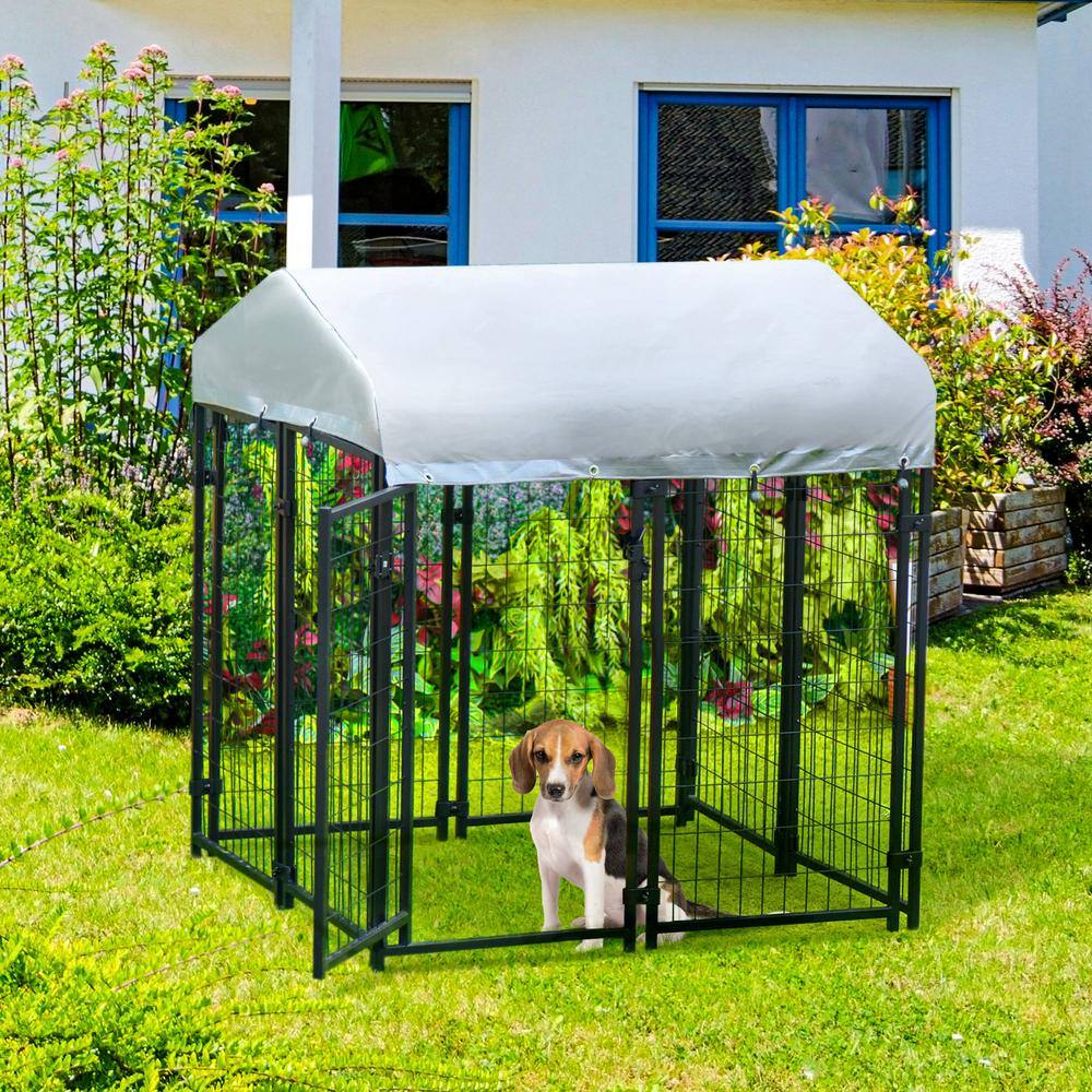 PawHut 4 ft. x 4 ft. x 4.5 ft. 0.0004-Acre Black Steel In-Ground Dog Fence Dog Kennel Outdoor Steel Fence with Canopy