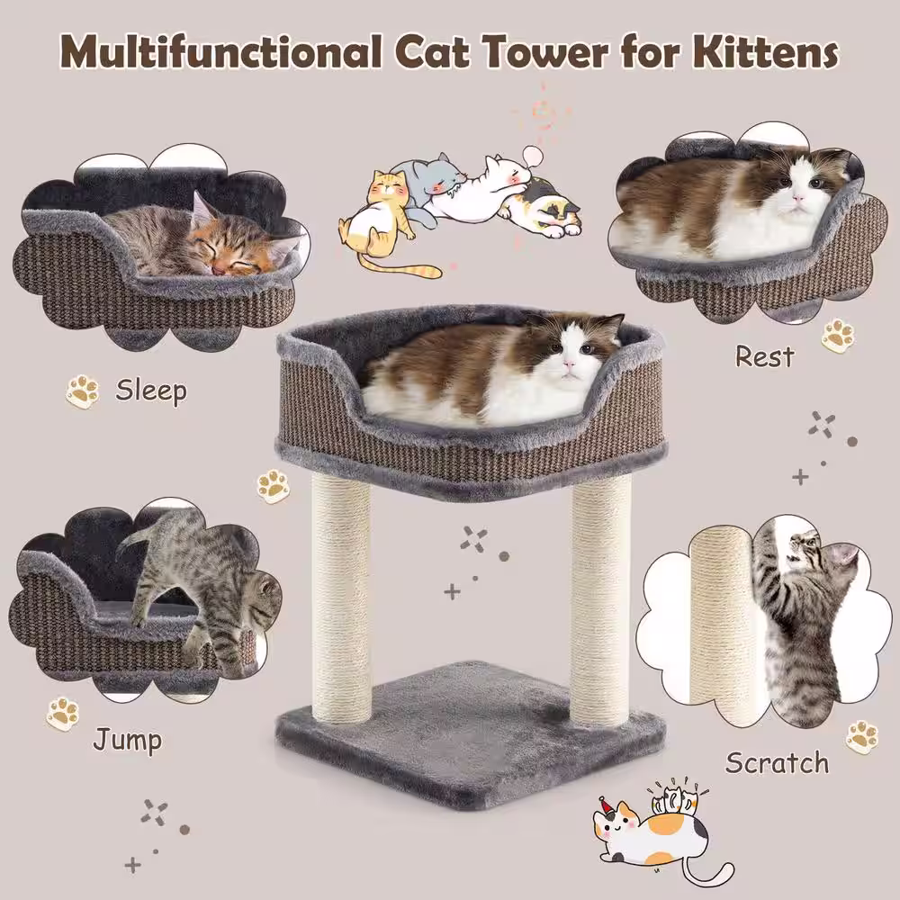 ANGELES HOME Gray Multi-Level Cat Climbing Tree with Scratching Posts and Large Plush Perch