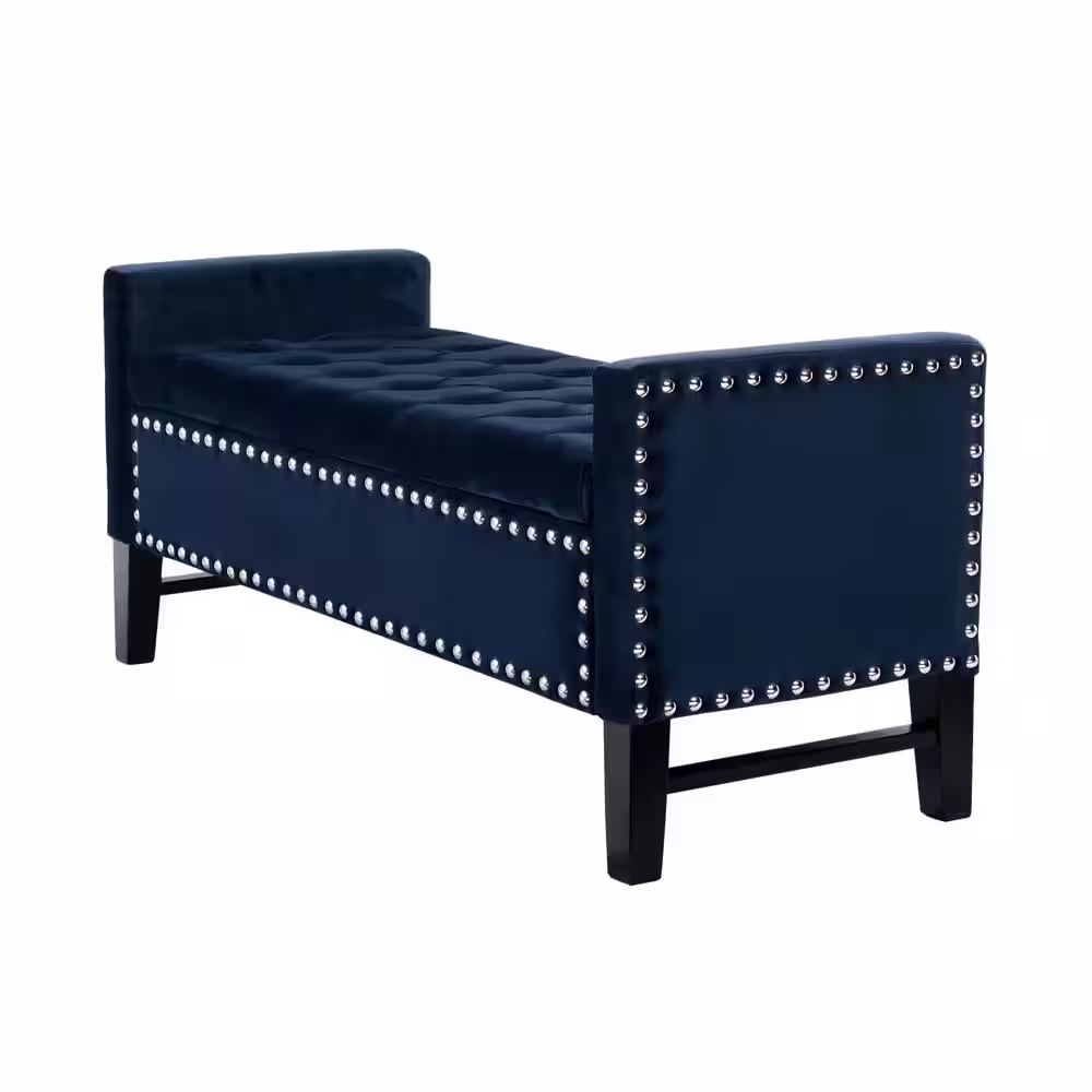 Inspired Home Emmaline Navy Velvet Storage Bench Button Tufted Nailhead Trim