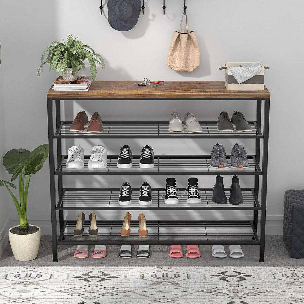 None 36.6 in. H 16-Pair 5-Tier Black Metal Shoe Rack