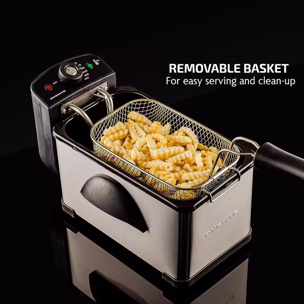 OVENTE 2.11 Qt Silver Electric Deep Fryer with Removable Frying Basket