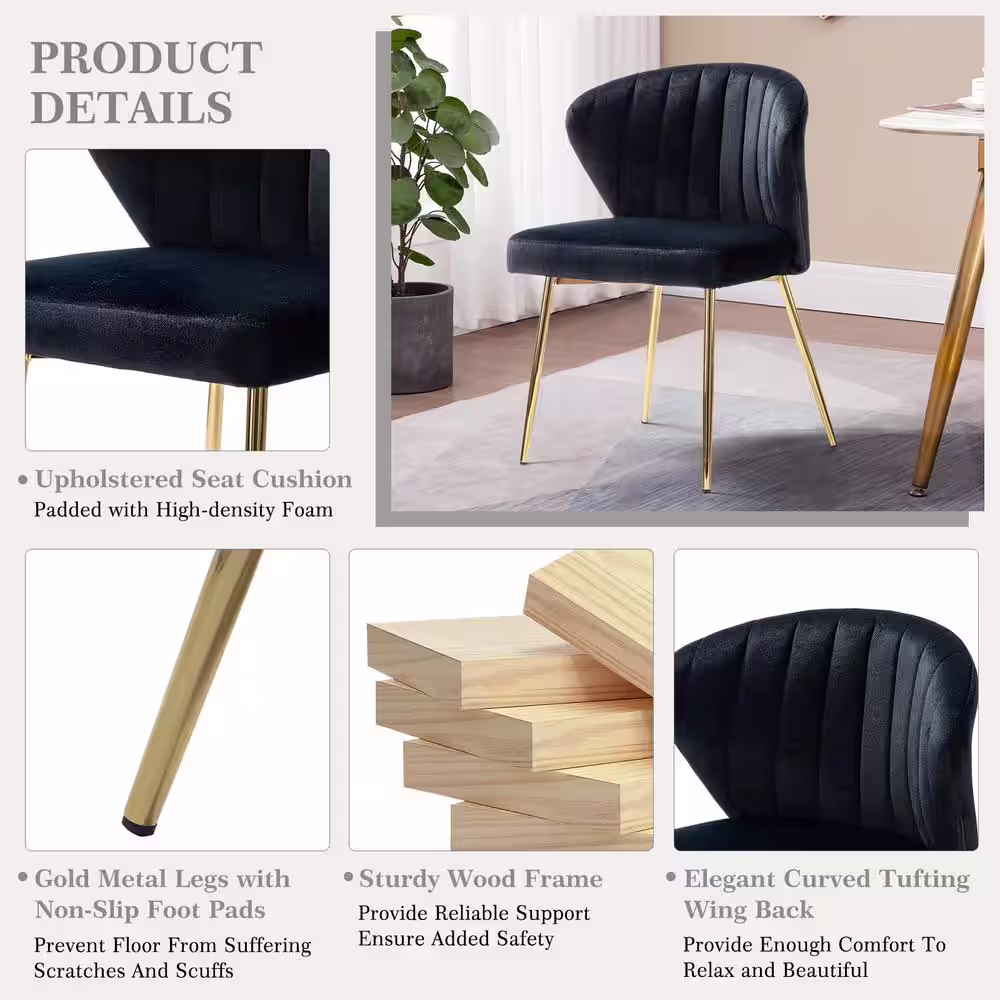 JAYDEN CREATION Olinto Modern Black Velvet Channel Tufted Side Chair with Metal Legs (Set of 4)