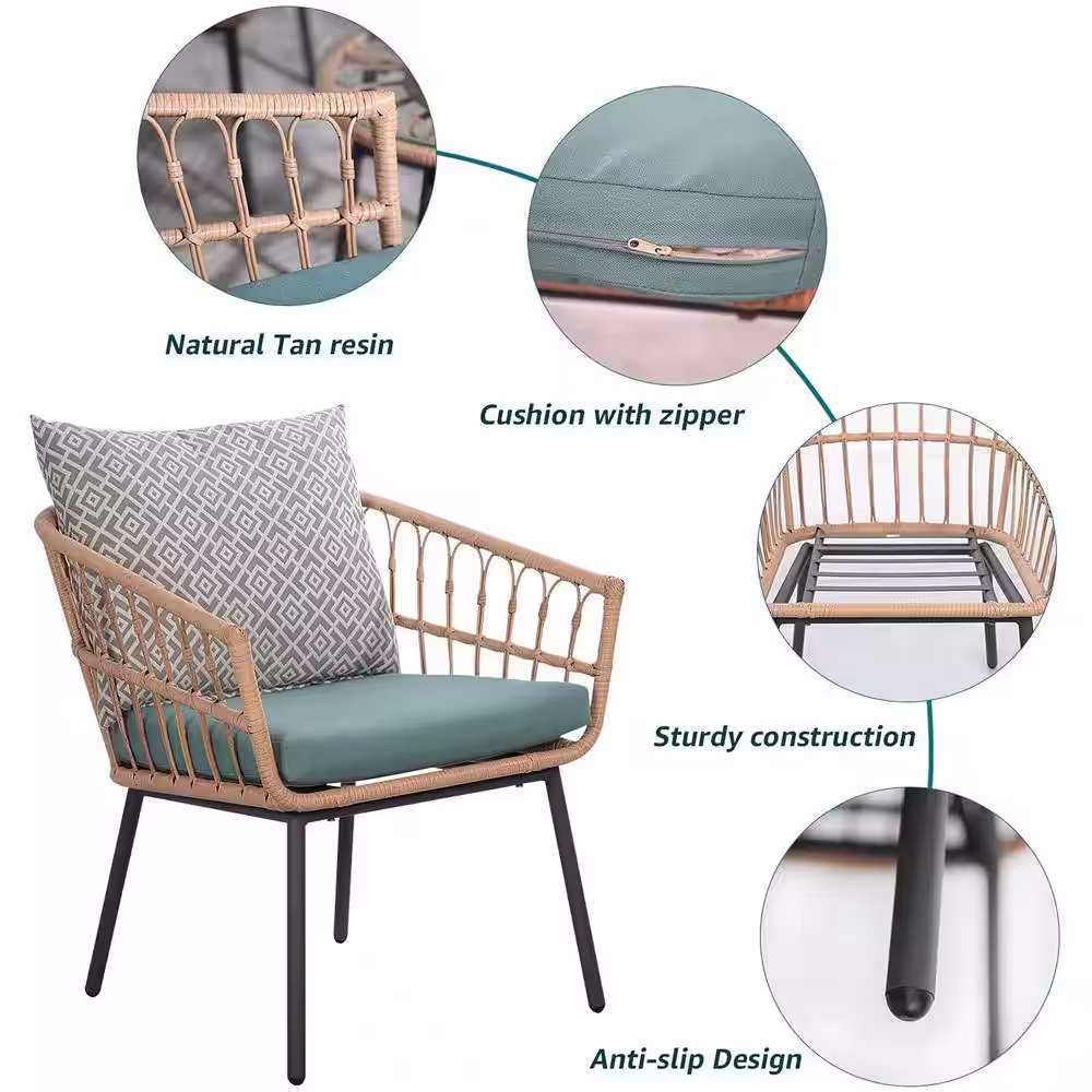 Soleil jardin SJ 3-Piece Metal Outdoor Bistro Set with Turquoise Cushions