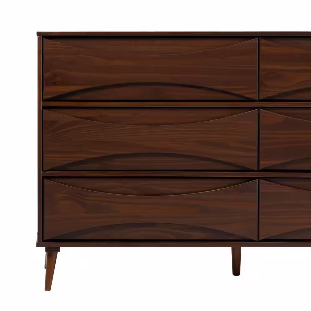 Welwick Designs 6-Drawer Walnut Wood Mid-Century Modern Dresser with Curved Detailing