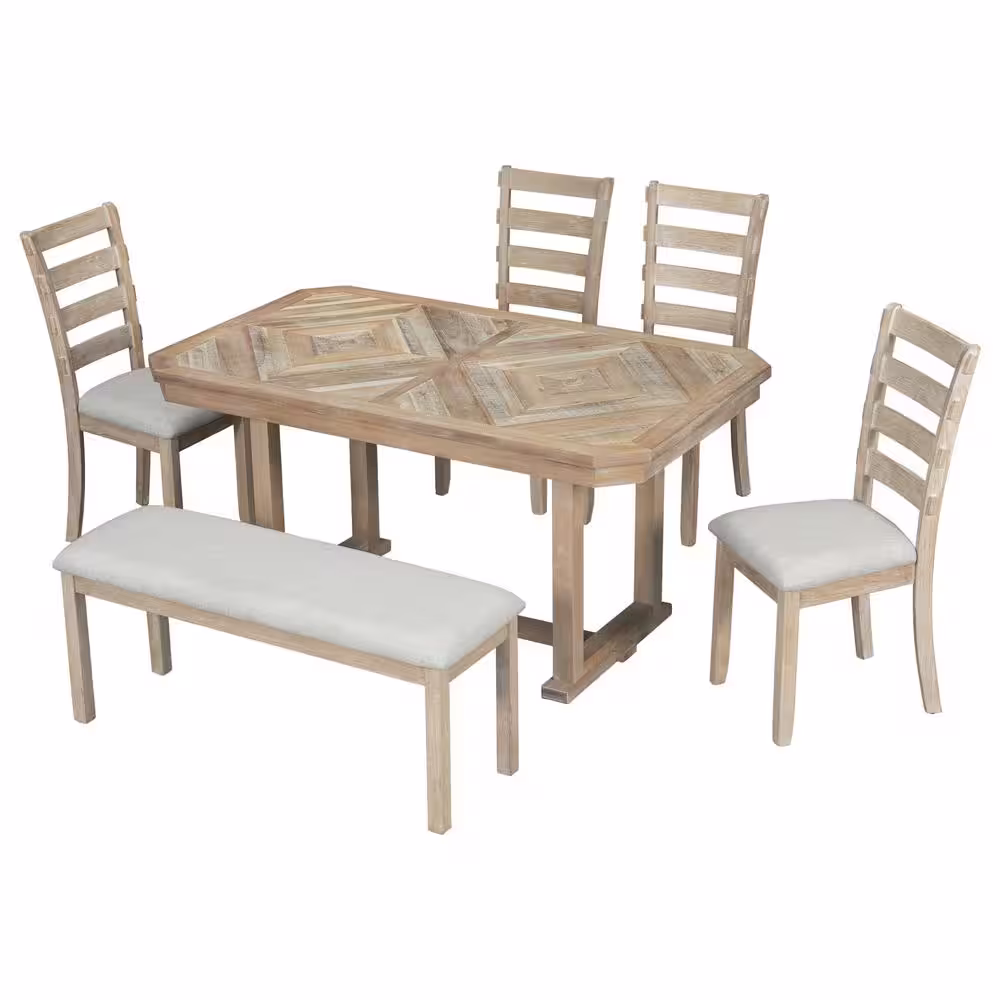 Harper & Bright Designs 6-Piece Natural Beautiful Wood Grain Rubber Wood Dining Table Set with 4 Chairs and 1 Bench