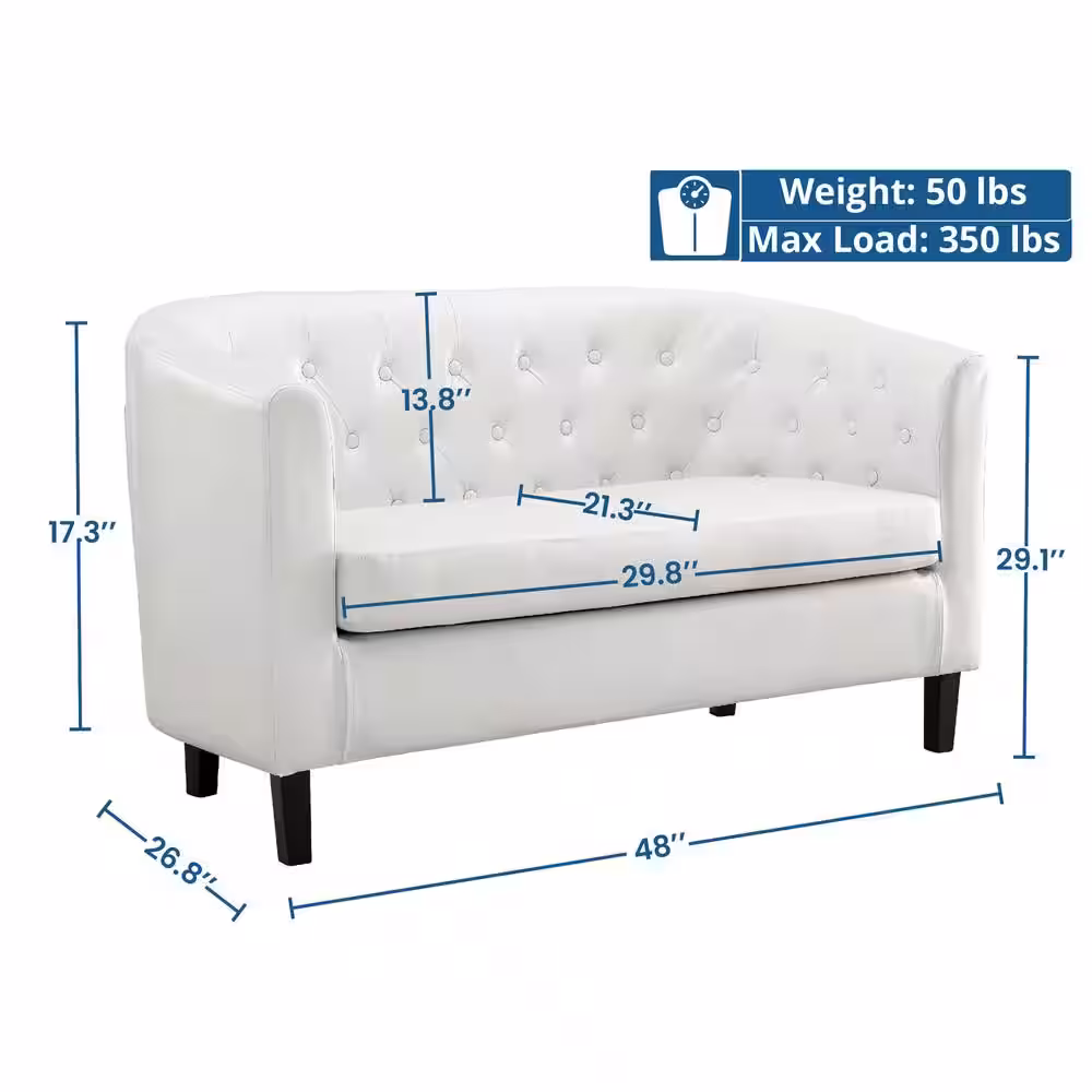 HOMESTOCK White Love Seat, Button Tufted Faux Leather Barrel Loveseat, Midcentury Modern 2-Seater Couch, Small Loveseat
