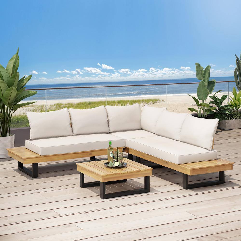 Noble House Sebastian Teak Brown 4-Piece Wood Patio Conversation Sectional Seating Set with Beige Cushions