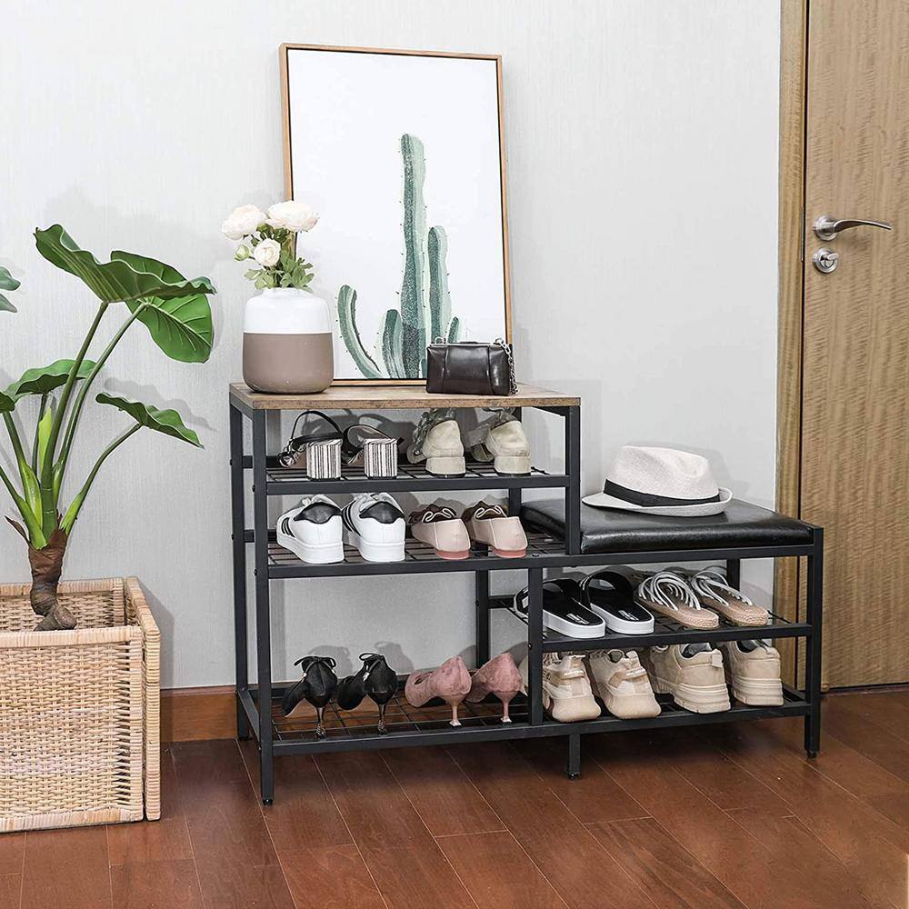None 26.8 in. H 10-Pair Black Wood Shoe Rack
