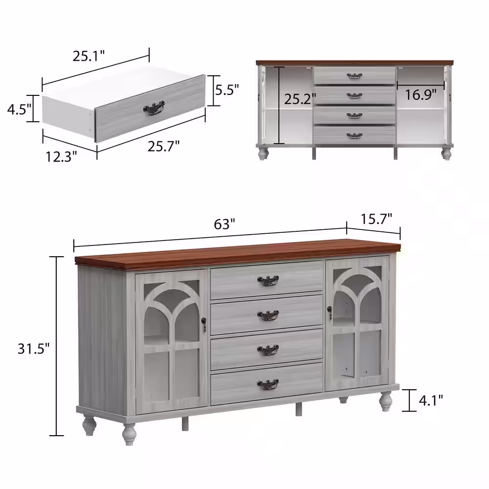 None 63 in. L Gray Farmhouse Style Rectangle Wood Console Table Entry Table Cupboard Hallway Living Room with 4 Drawers
