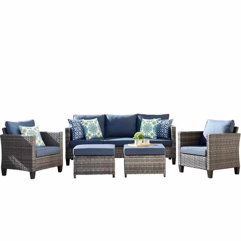 OVIOS Positano Gray 5-Piece Wicker Outdoor Patio Conversation Seating Set with Blue Cushions