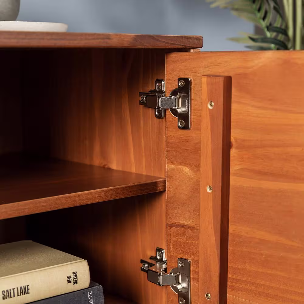 Welwick Designs 58 in. Caramel Solid Wood TV Stand Fits TVs up to 65 in. with Cutout Cabinet Handles