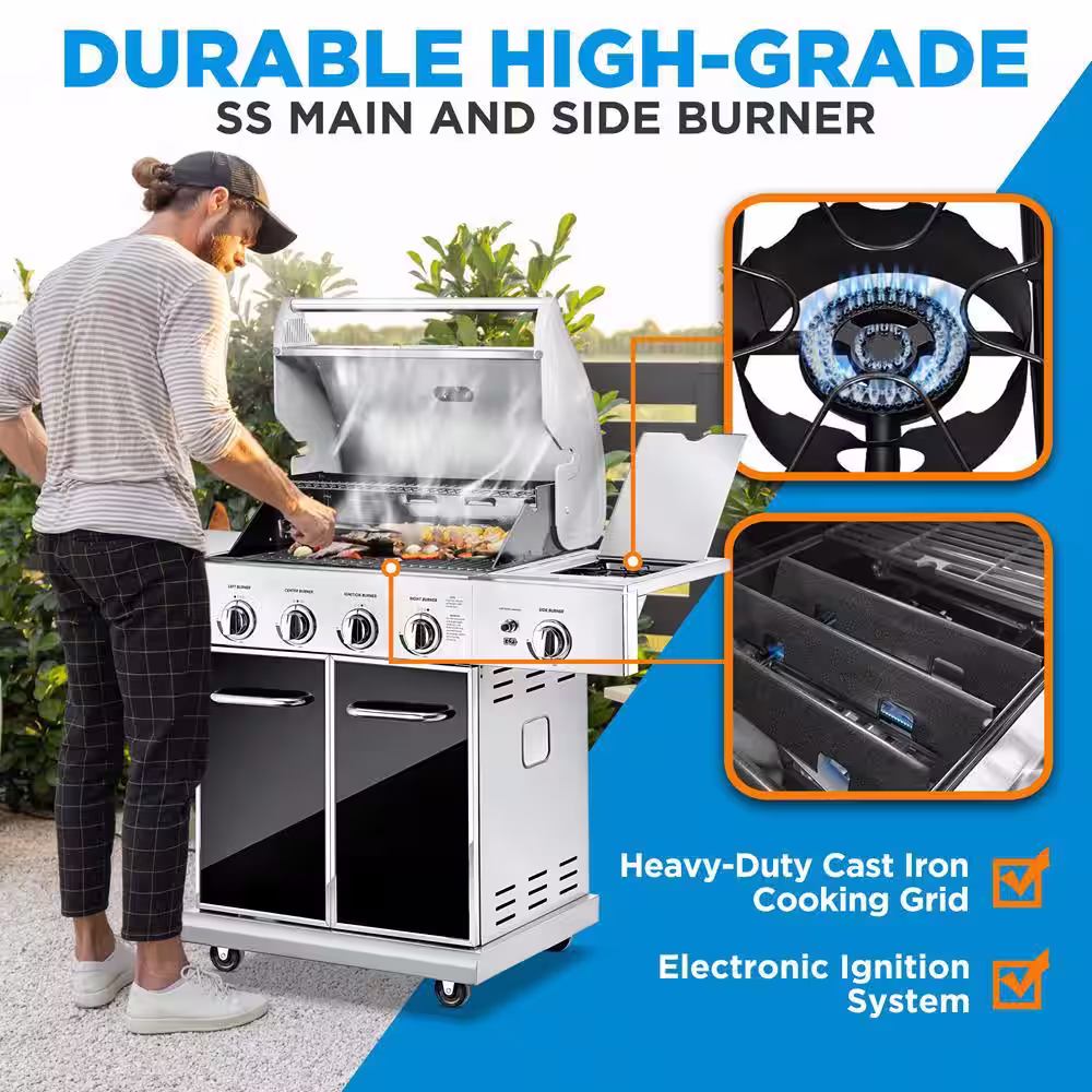 NutriChef 5-Burner Propane Tank Grill in Chrome with Side Burner