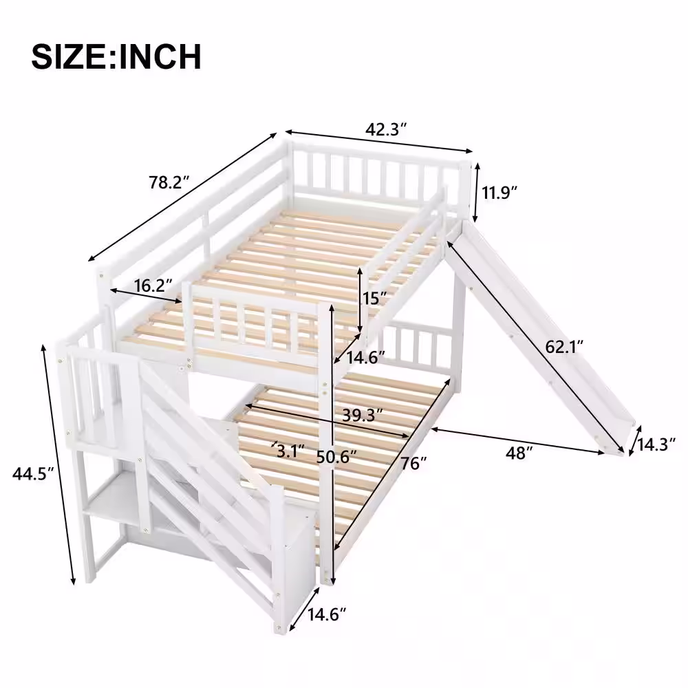 Harper & Bright Designs White Twin Over Twin Bunk Bed Daybed with Slide and Stairway