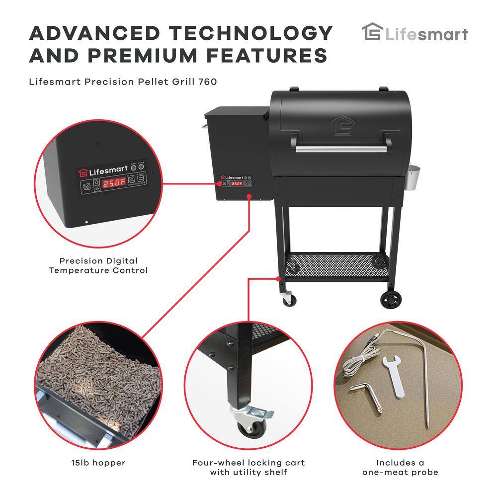 Lifesmart 510 sq. in. Cooking Surface Pellet Grill in Black with Meat Probe and Precision Digital Control