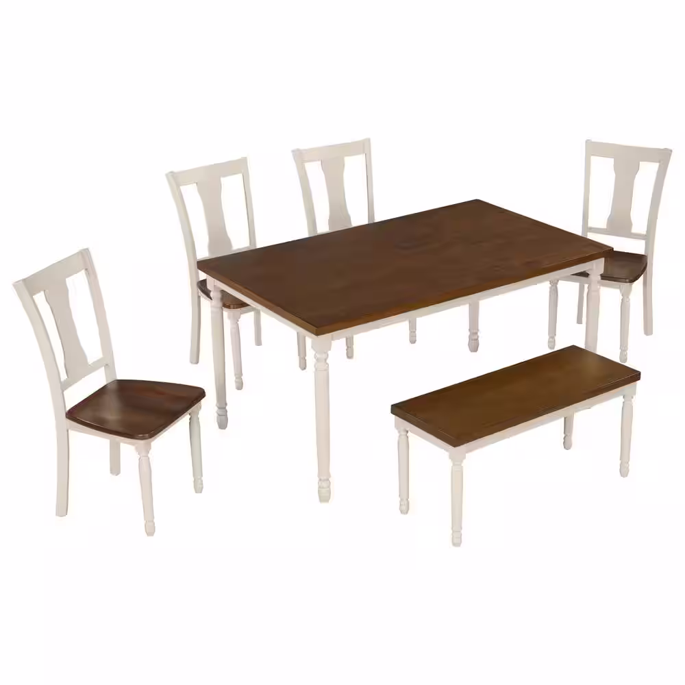 Qualler Brown 6-Piece Wood Top Dining Table with 4 Chairs and Bench