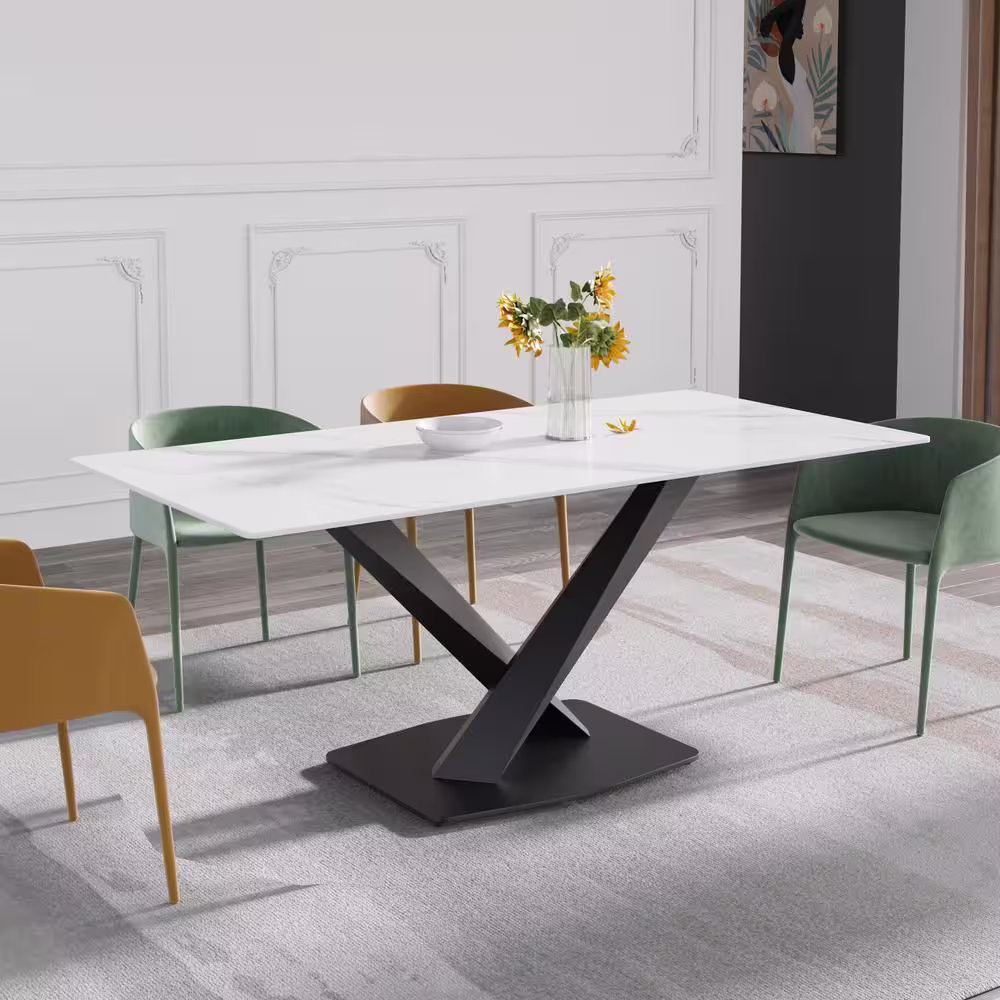J&E Home 70.87 in. Rectangle White and Black Sintered Stone Tabletop Dining Table with Black Carbon Steel Base (Seats 8)