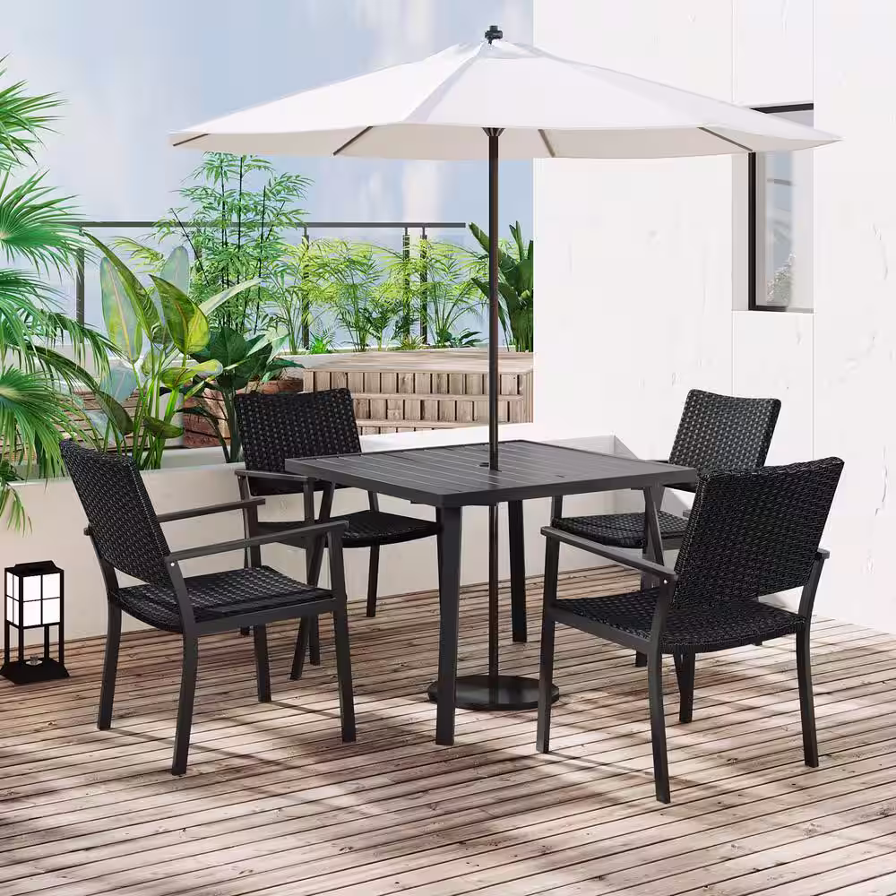 None Black Outdoor Patio 5-Piece Metal Dining Table Set with Umbrella Hole, 4 Dining Chairs for Garden, Terrace, Pool