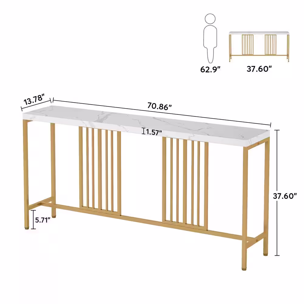 BYBLIGHT Turrella 70.9 in. Gold Extra Long Rectangle Wood Console Table with Gold Iron Tube Frame