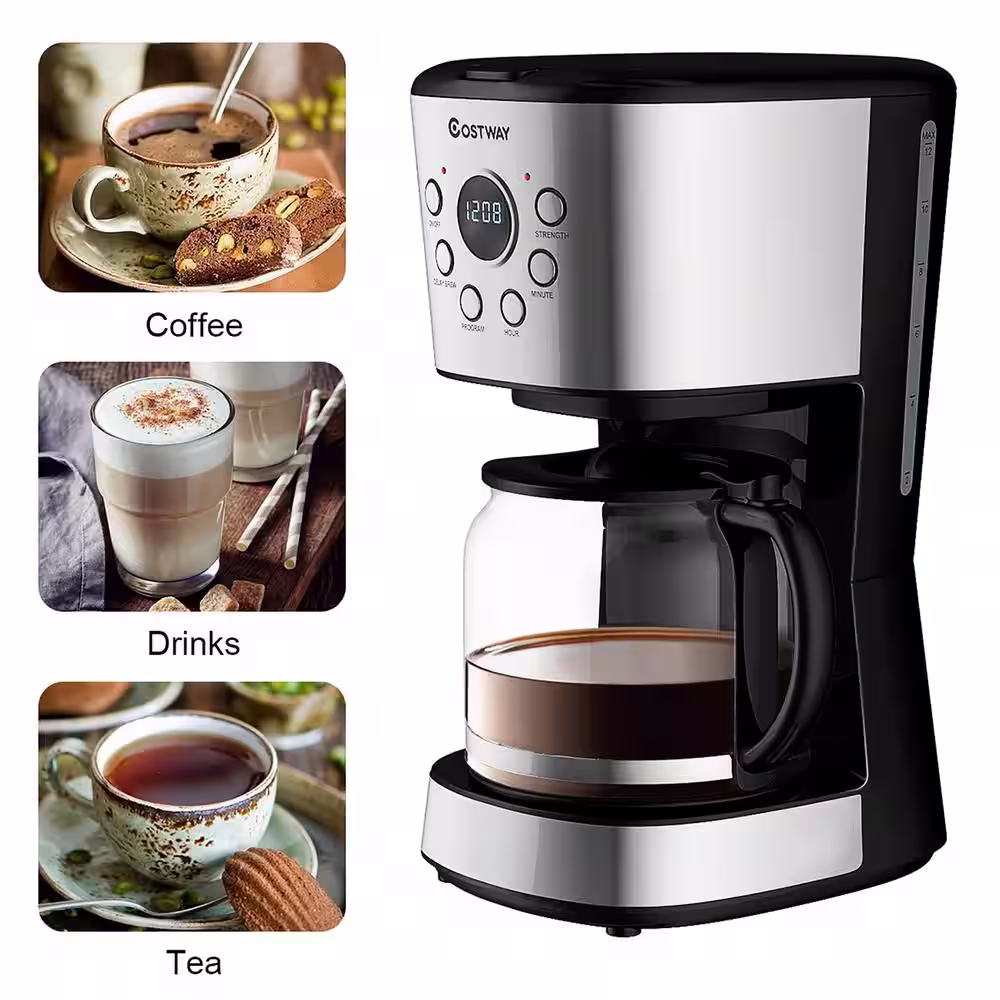 Costway 12-Cup Silver Drip Coffee Maker Brew Machine LCD Display