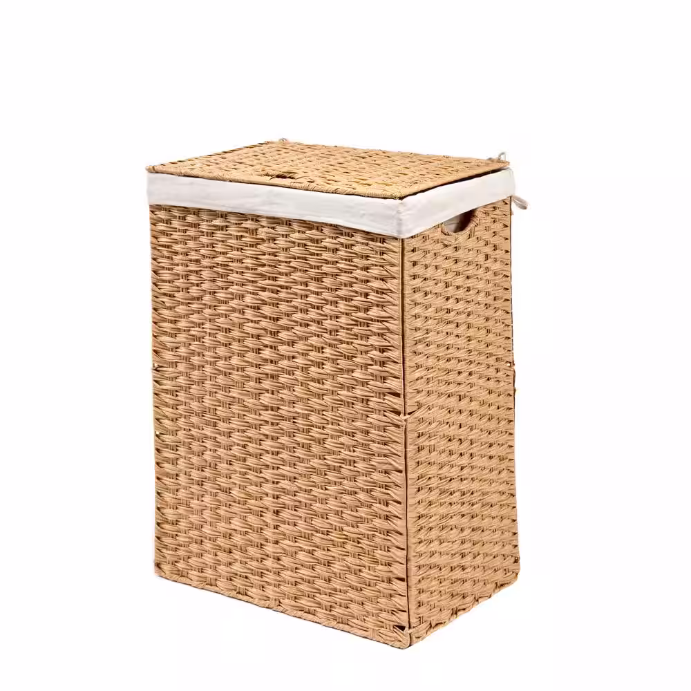 Seville Classics Lidded Rectangular Tan Collapsible Plastic Wicker Laundry Hamper Basket with Washable Liner