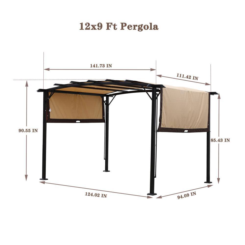 None 12 ft. x 9 ft. x 7.5 ft. Black Steel Outdoor Pergola Gazebos with Retractable Shade Beige Canopy