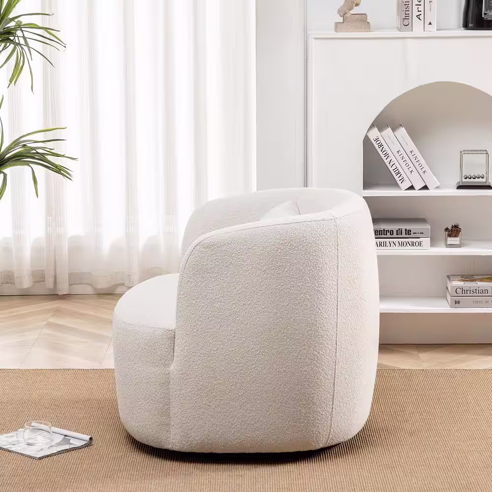 KINWELL Beige Poly Blend Boucle Fabric Upholstered Swivel Armchair