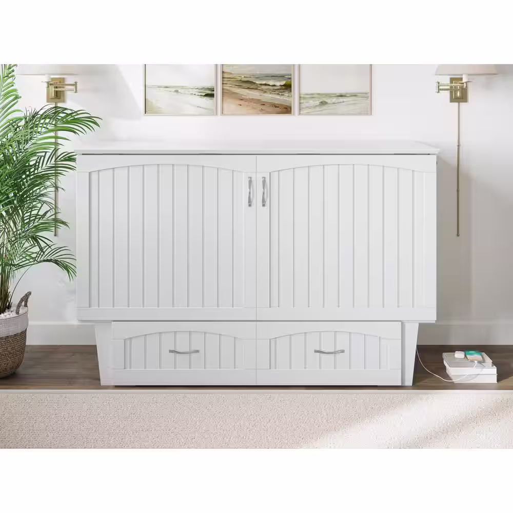 AFI Nantucket Murphy Bed White Queen Chest with Charging Station and Coolsoft Mattress
