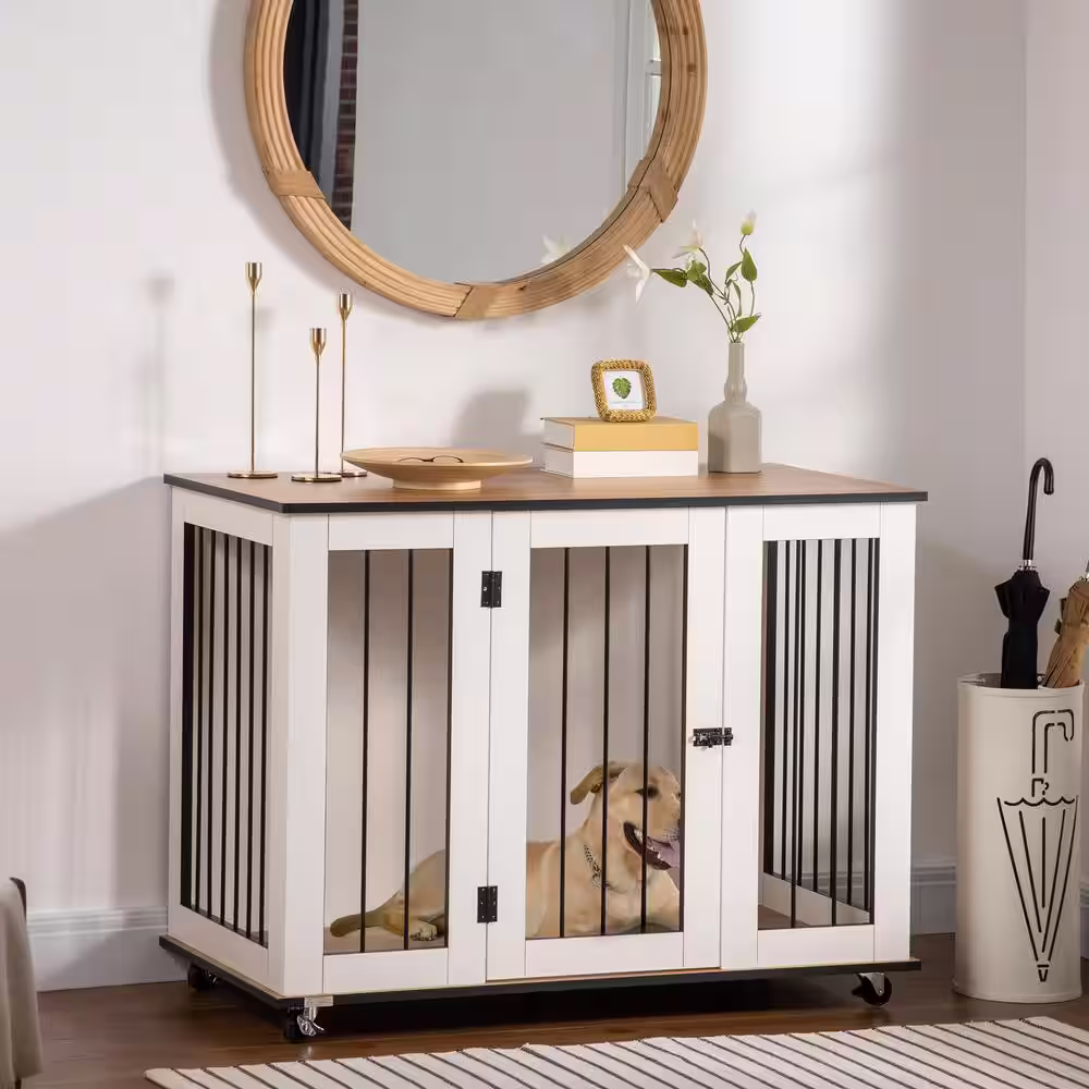 PawHut Modern Dog Crate End Table with Easy to Clean Surface, Large Dog Crate Furniture on Wheels