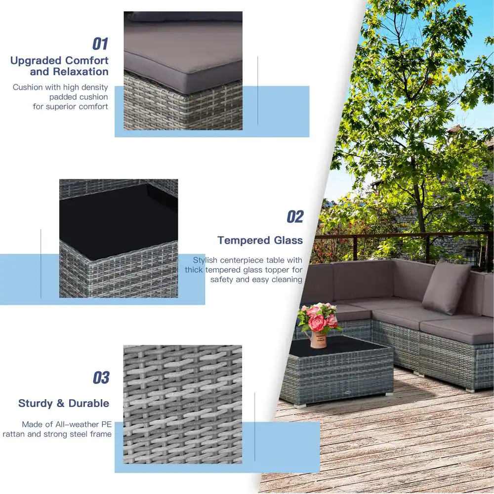 Outsunny Patio Life Ash Grey 7-Pieces Steel Plastic Rattan Patio Conversation Set with Grey Cushions